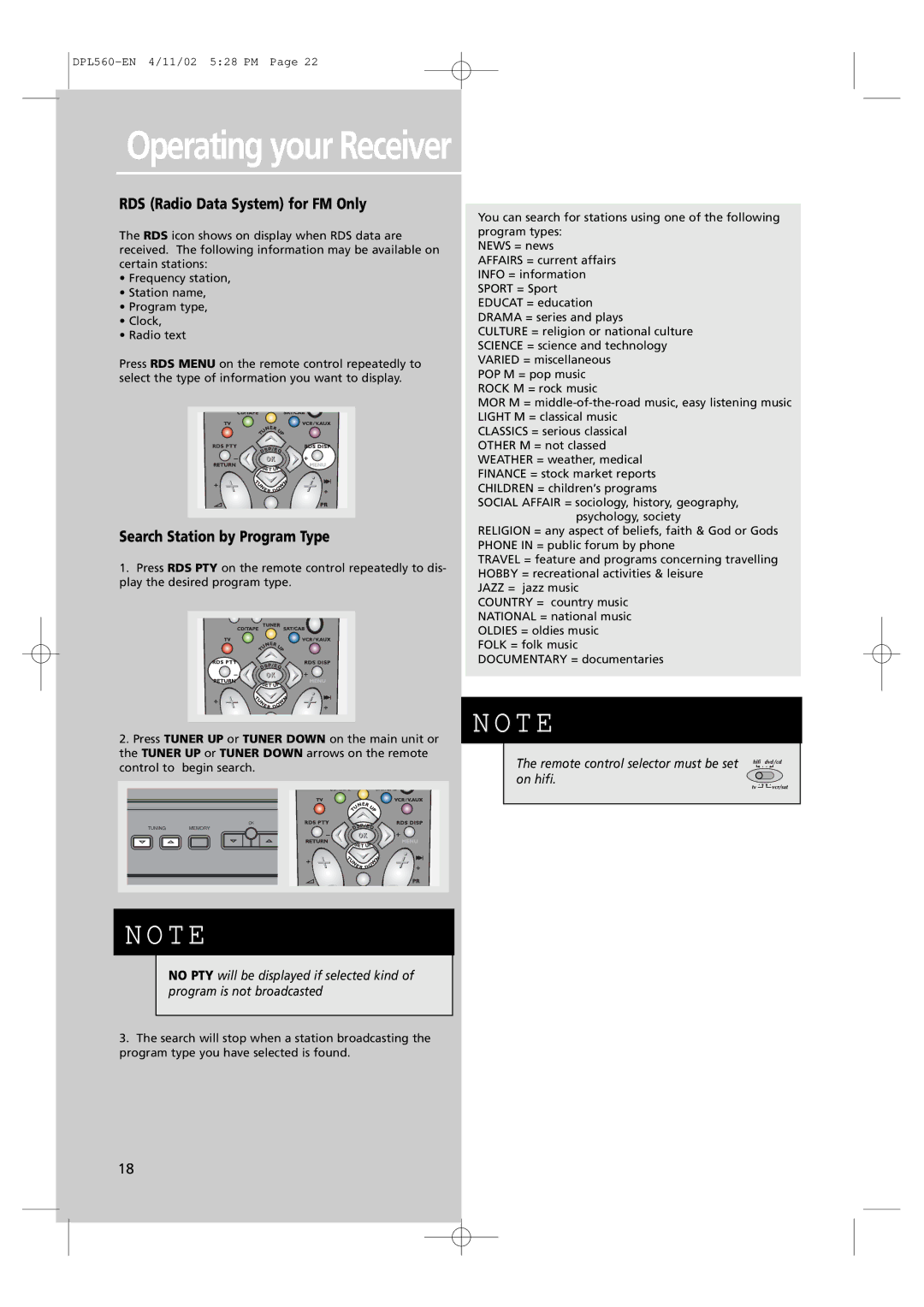 Technicolor - Thomson DPL560HT manual RDS Radio Data System for FM Only, Search Station by Program Type 