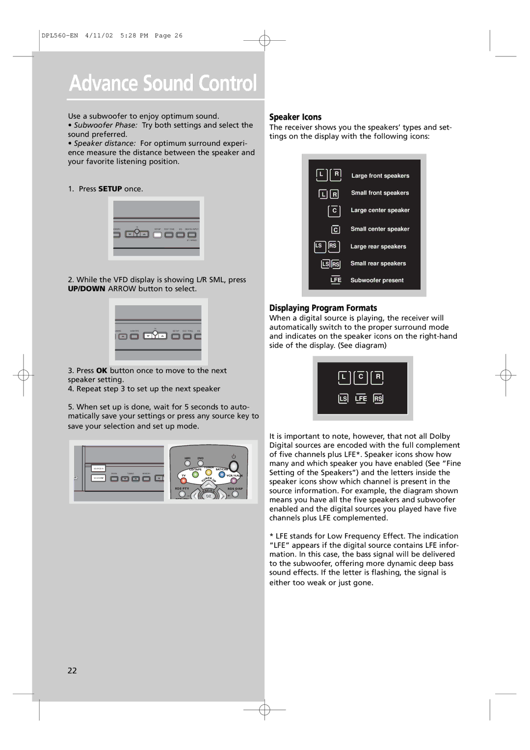 Technicolor - Thomson DPL560HT manual Advance Sound Control, Speaker Icons, Displaying Program Formats 