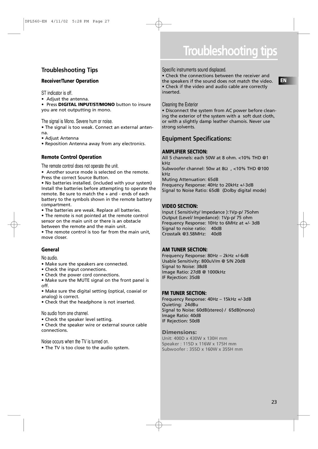 Technicolor - Thomson DPL560HT manual Troubleshooting tips, Troubleshooting Tips, Equipment Specifications 