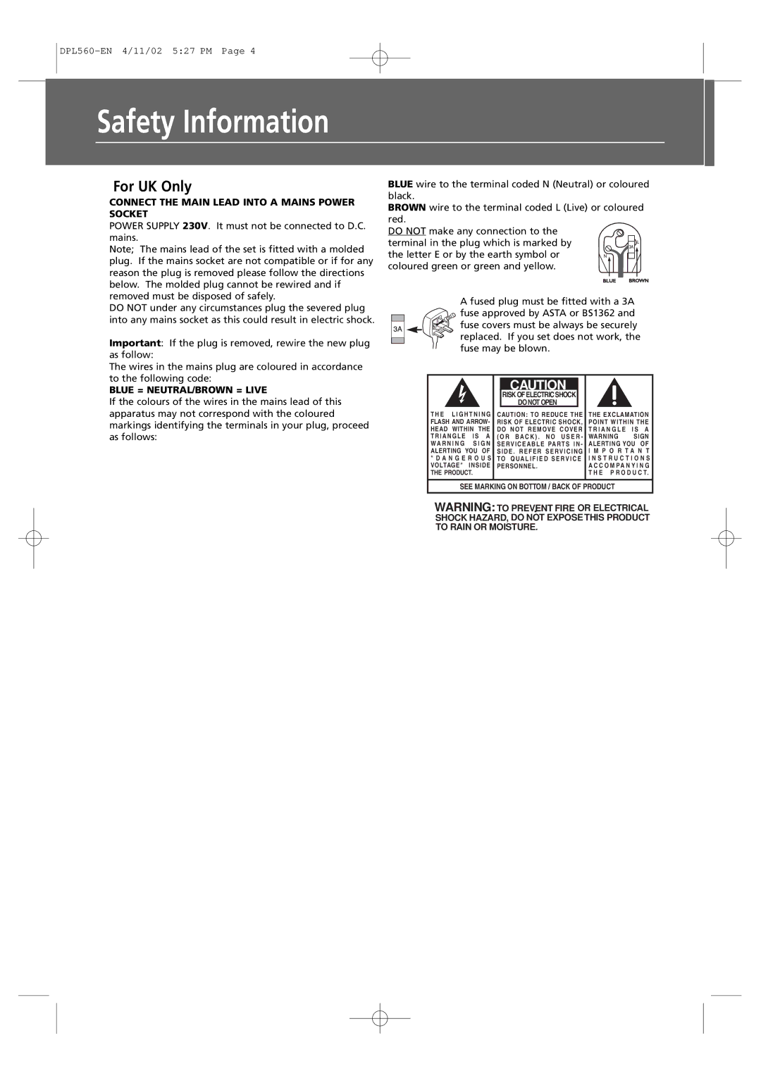 Technicolor - Thomson DPL560HT manual Safety Information, For UK Only 