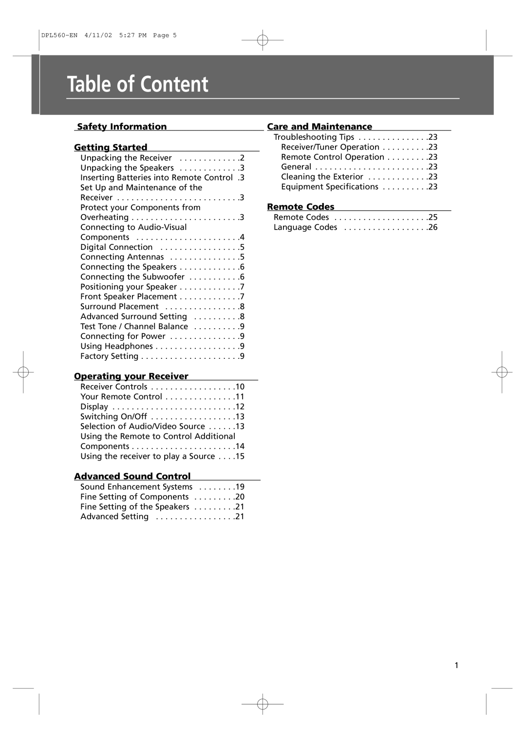 Technicolor - Thomson DPL560HT manual Table of Content 