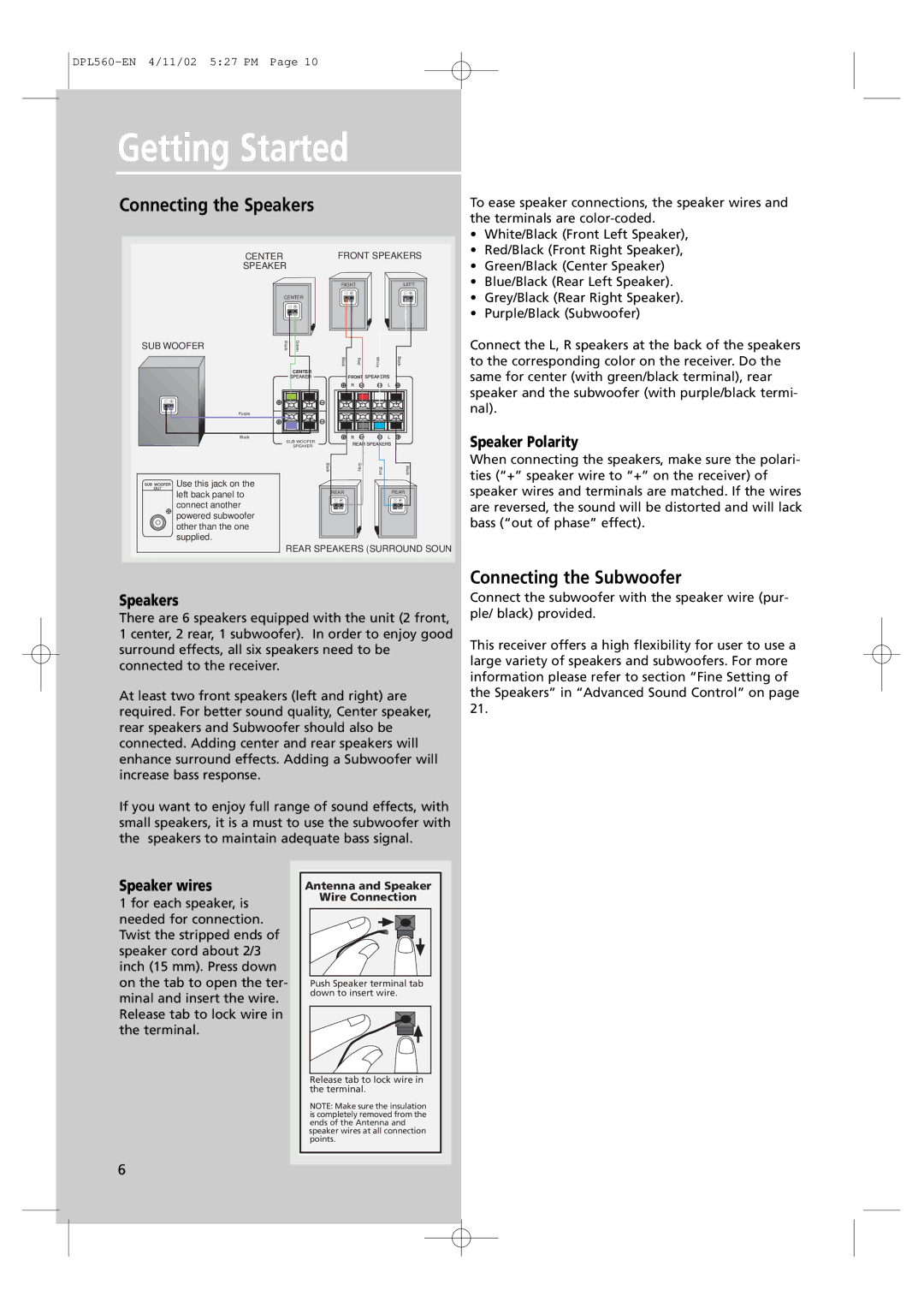 Technicolor - Thomson DPL560HT manual Connecting the Speakers, Connecting the Subwoofer, Speaker Polarity, Speaker wires 