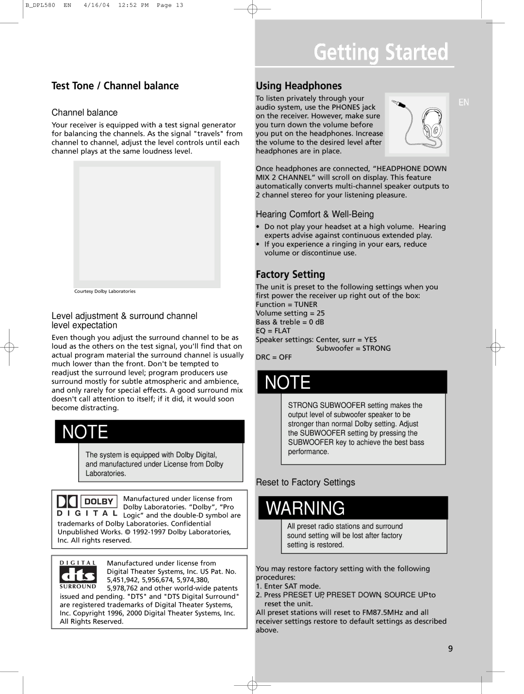 Technicolor - Thomson DPL580HT manual Test Tone / Channel balance, Using Headphones, Factory Setting 