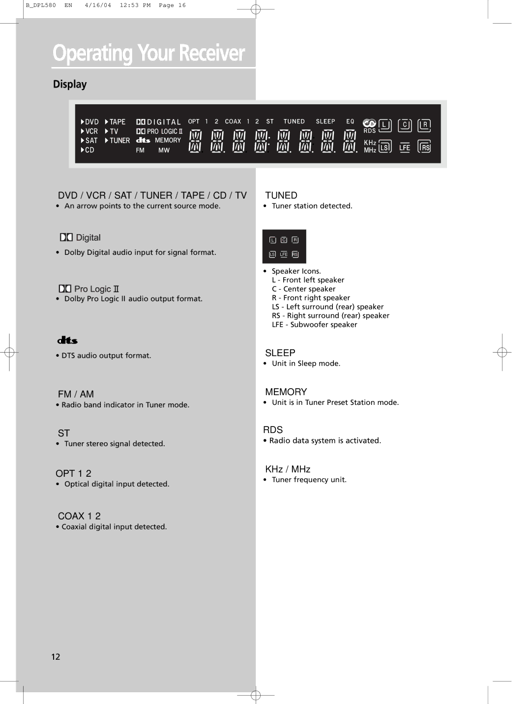 Technicolor - Thomson DPL580HT manual Display, OPT 1, Coax 1, KHz / MHz 