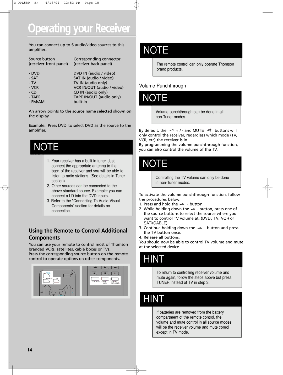 Technicolor - Thomson DPL580HT manual Using the Remote to Control Additional Components, Volume Punchthrough 