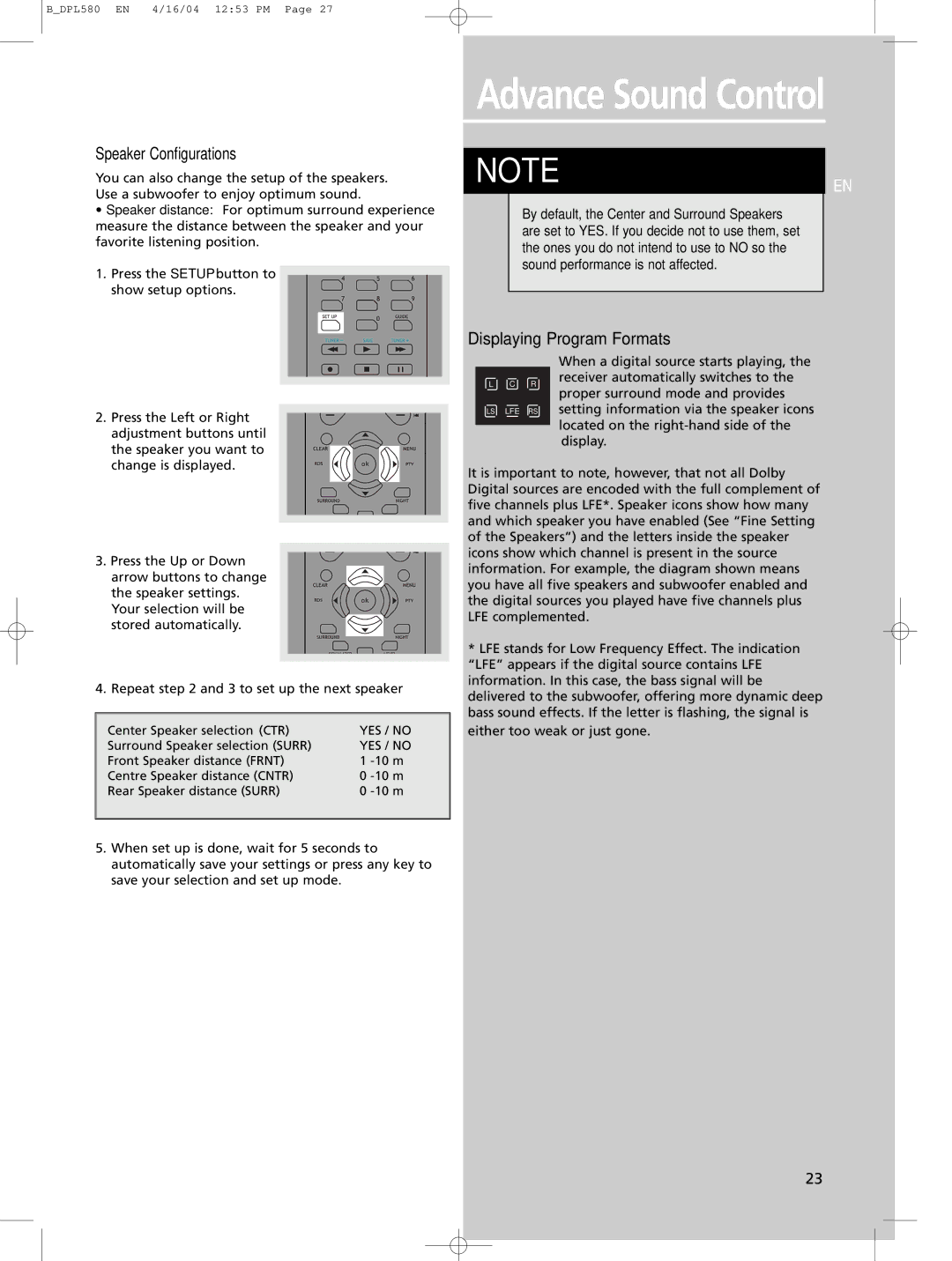 Technicolor - Thomson DPL580HT manual Advance Sound Control, Speaker Configurations, Displaying Program Formats 