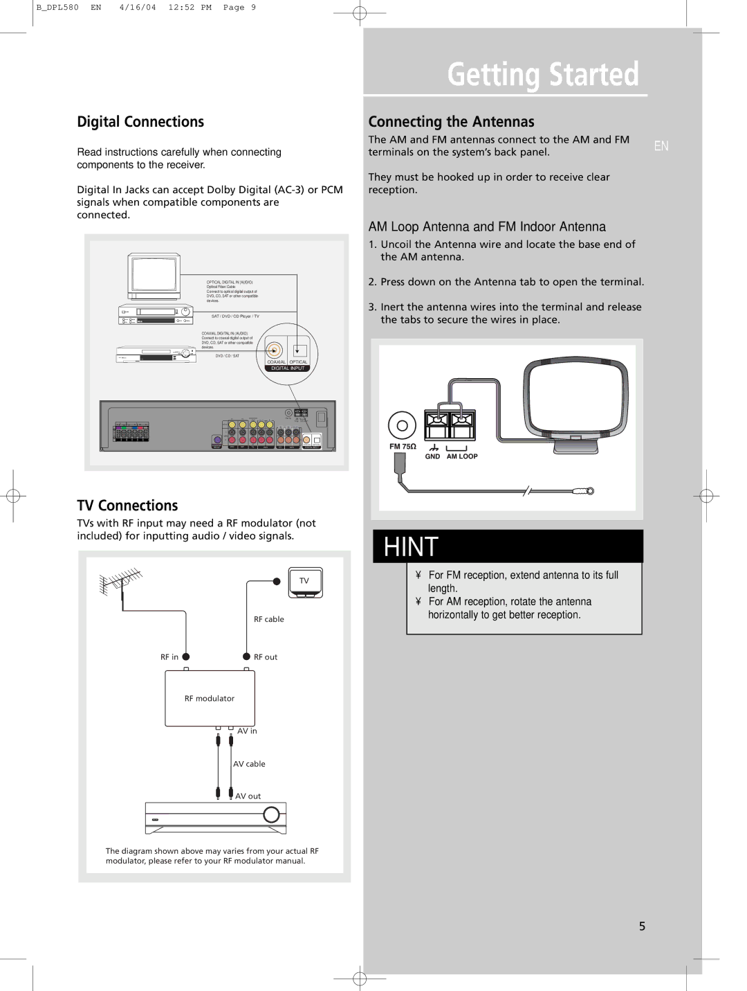 Technicolor - Thomson DPL580HT manual Digital Connections, Connecting the Antennas, TV Connections 