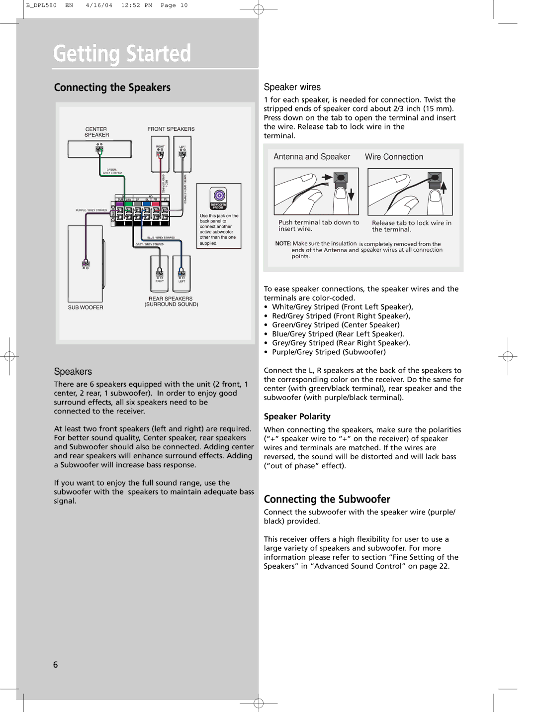 Technicolor - Thomson DPL580HT manual Connecting the Speakers, Connecting the Subwoofer, Speaker wires 