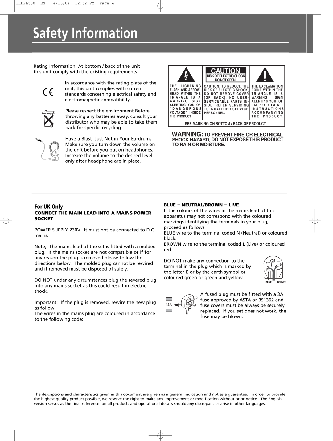 Technicolor - Thomson DPL580HT manual Safety Information, For UK Only, Connect The Main Lead Into A Mains Power Socket 