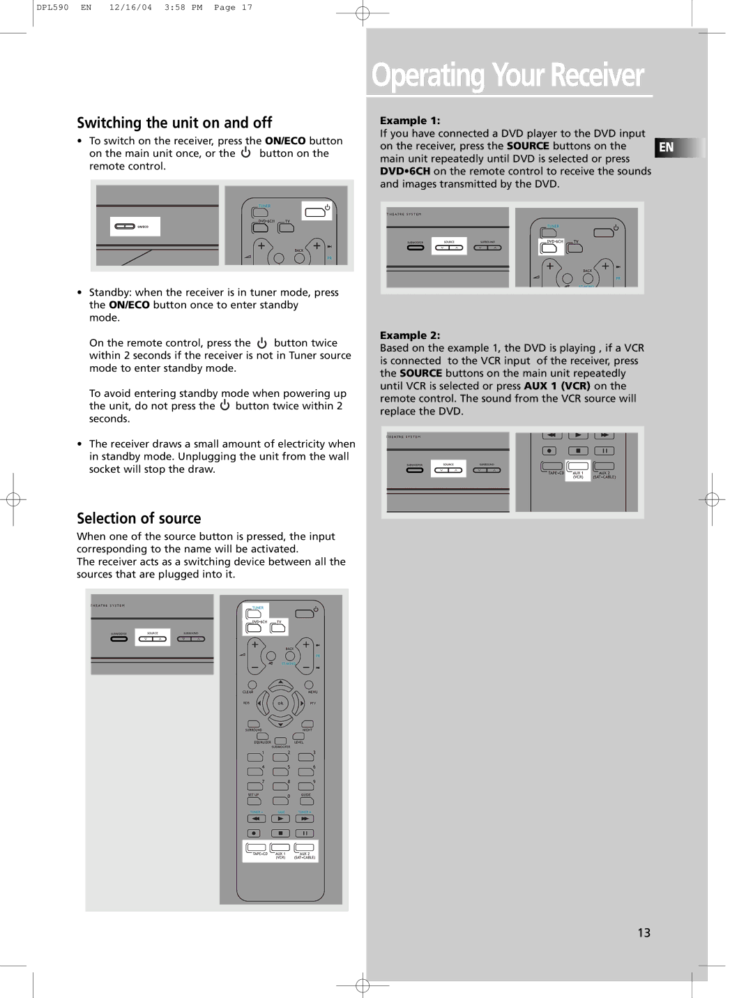 Technicolor - Thomson DPL590 manual Switching the unit on and off, Selection of source 