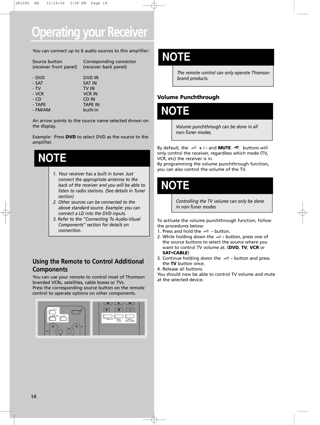 Technicolor - Thomson DPL590 manual Using the Remote to Control Additional Components, Volume Punchthrough 