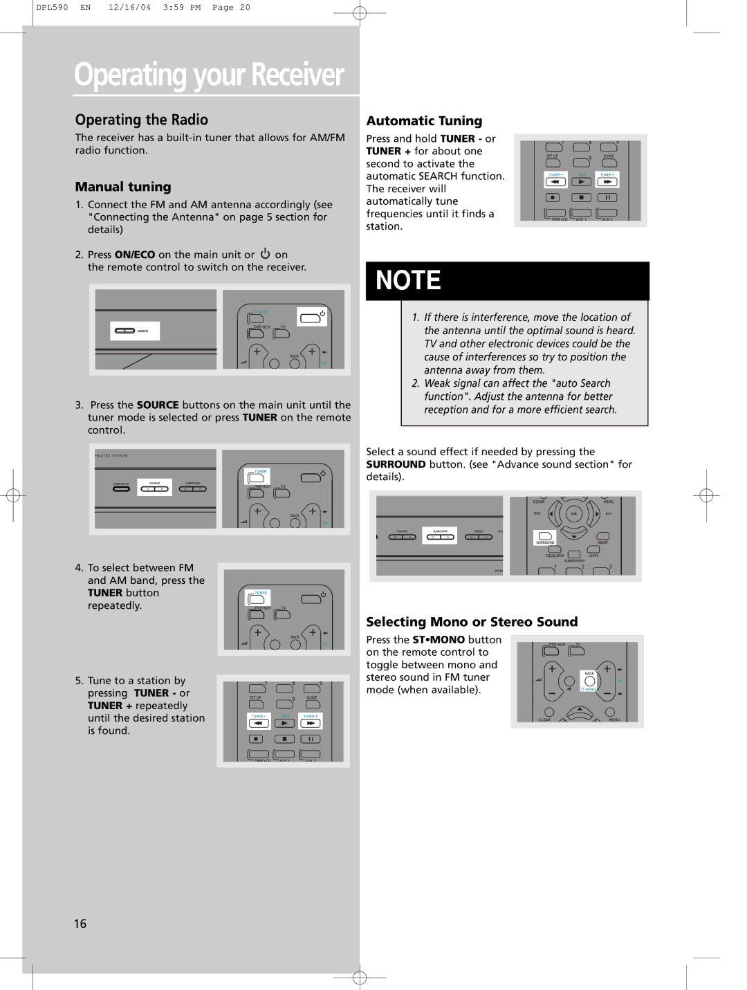 Technicolor - Thomson DPL590 manual Operating the Radio, Manual tuning, Automatic Tuning, Selecting Mono or Stereo Sound 