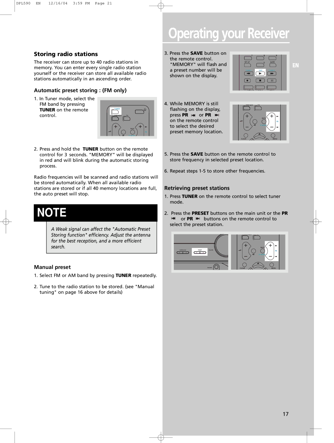 Technicolor - Thomson DPL590 manual Operating your Receiver, Storing radio stations 