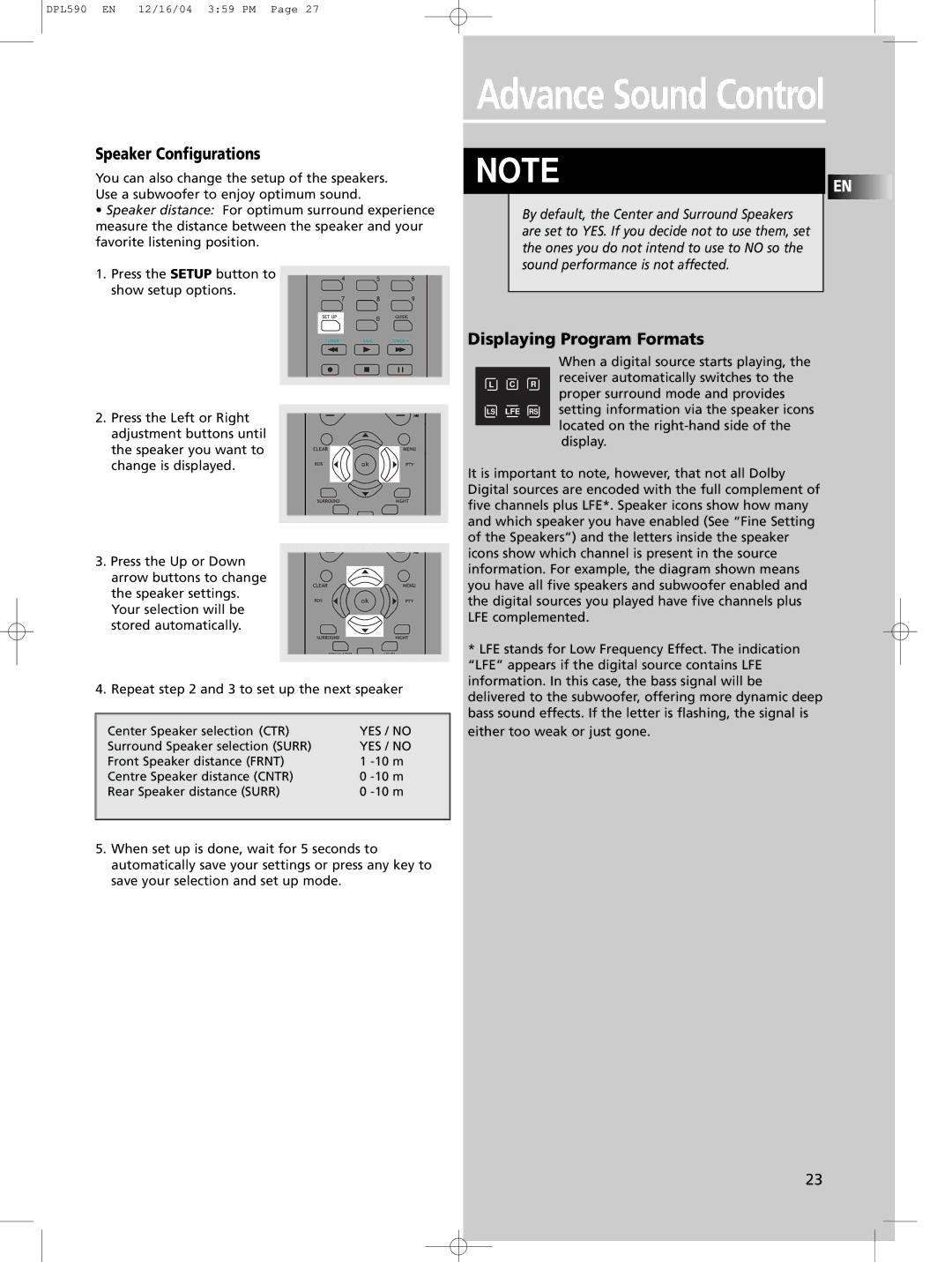 Technicolor - Thomson DPL590 manual Advance Sound Control, Speaker Configurations, Displaying Program Formats 