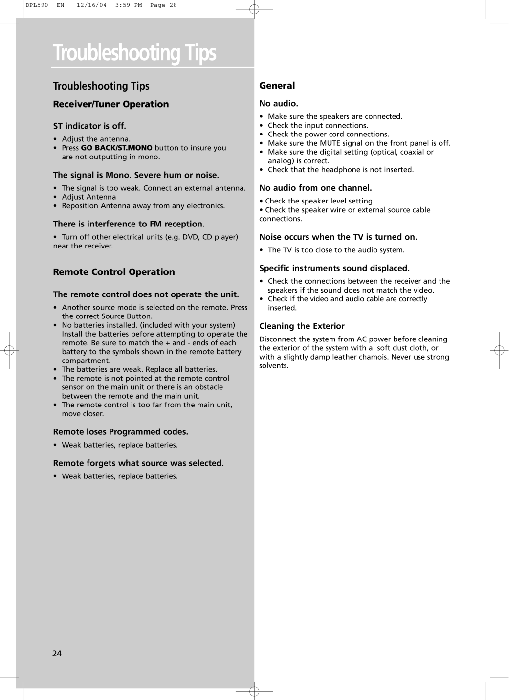 Technicolor - Thomson DPL590 manual Troubleshooting Tips, Receiver/Tuner Operation, Remote Control Operation, General 