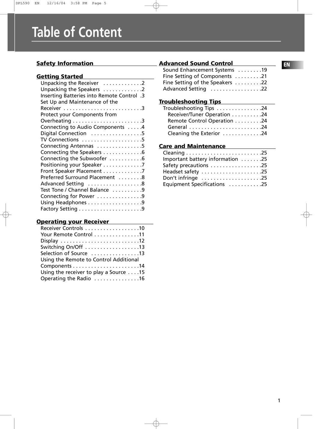 Technicolor - Thomson DPL590 manual Table of Content, Safety Information Getting Started, Troubleshooting Tips 