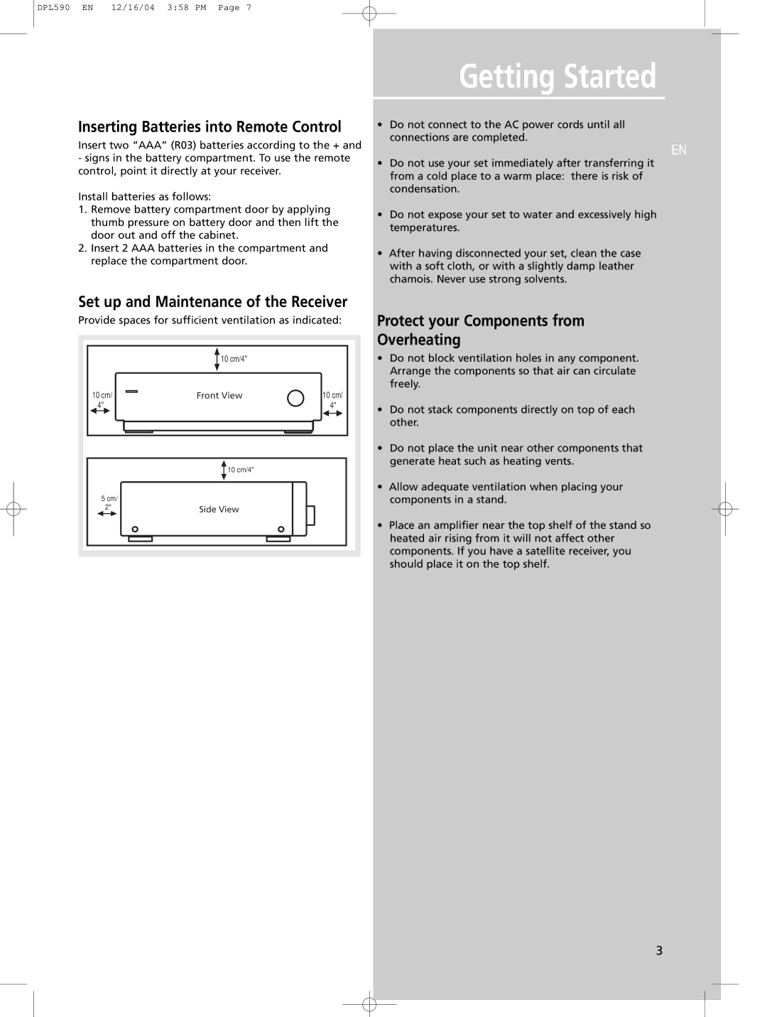 Technicolor - Thomson DPL590 manual Protect your Components from Overheating, Inserting Batteries into Remote Control 