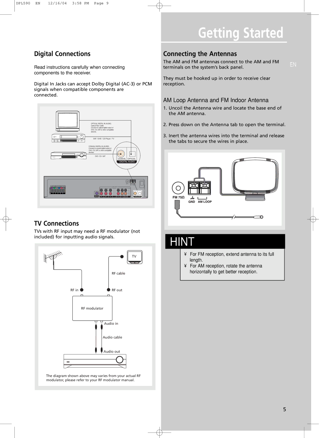 Technicolor - Thomson DPL590 manual Digital Connections, Connecting the Antennas, TV Connections 