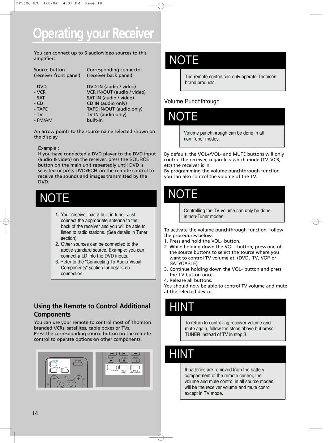 Technicolor - Thomson DPL680 manual Using the Remote to Control Additional Components, Volume Punchthrough 