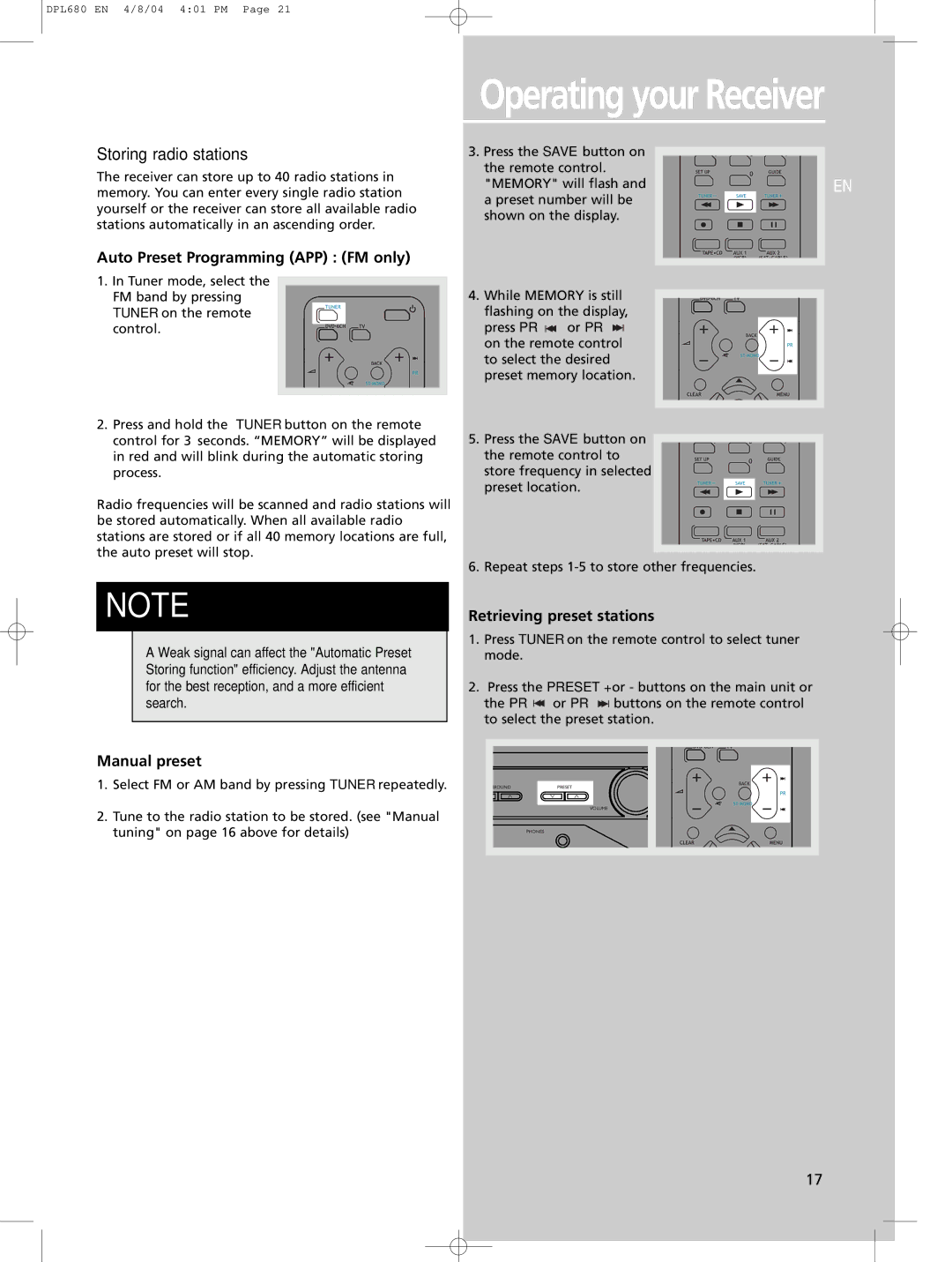 Technicolor - Thomson DPL680 manual Operating your Receiver, Storing radio stations 