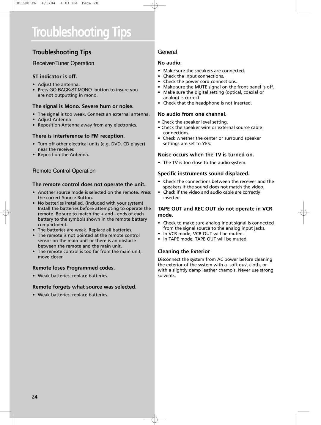 Technicolor - Thomson DPL680 manual Troubleshooting Tips, Receiver/Tuner Operation, Remote Control Operation, General 