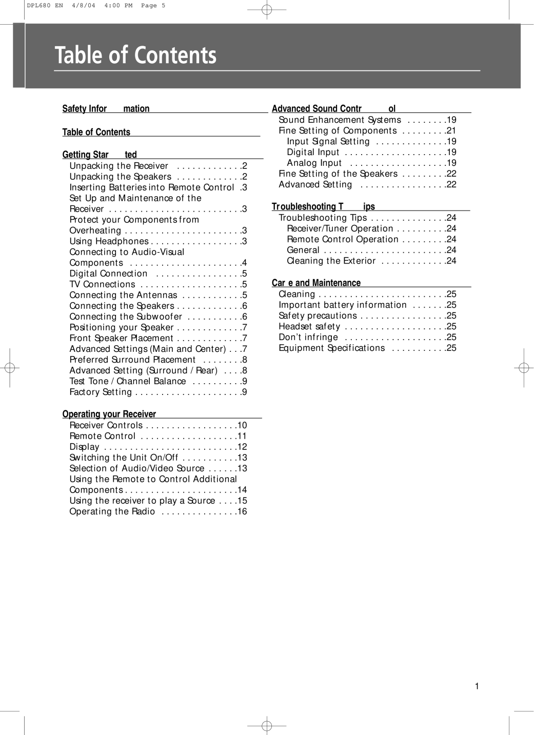 Technicolor - Thomson DPL680 manual Table of Contents 