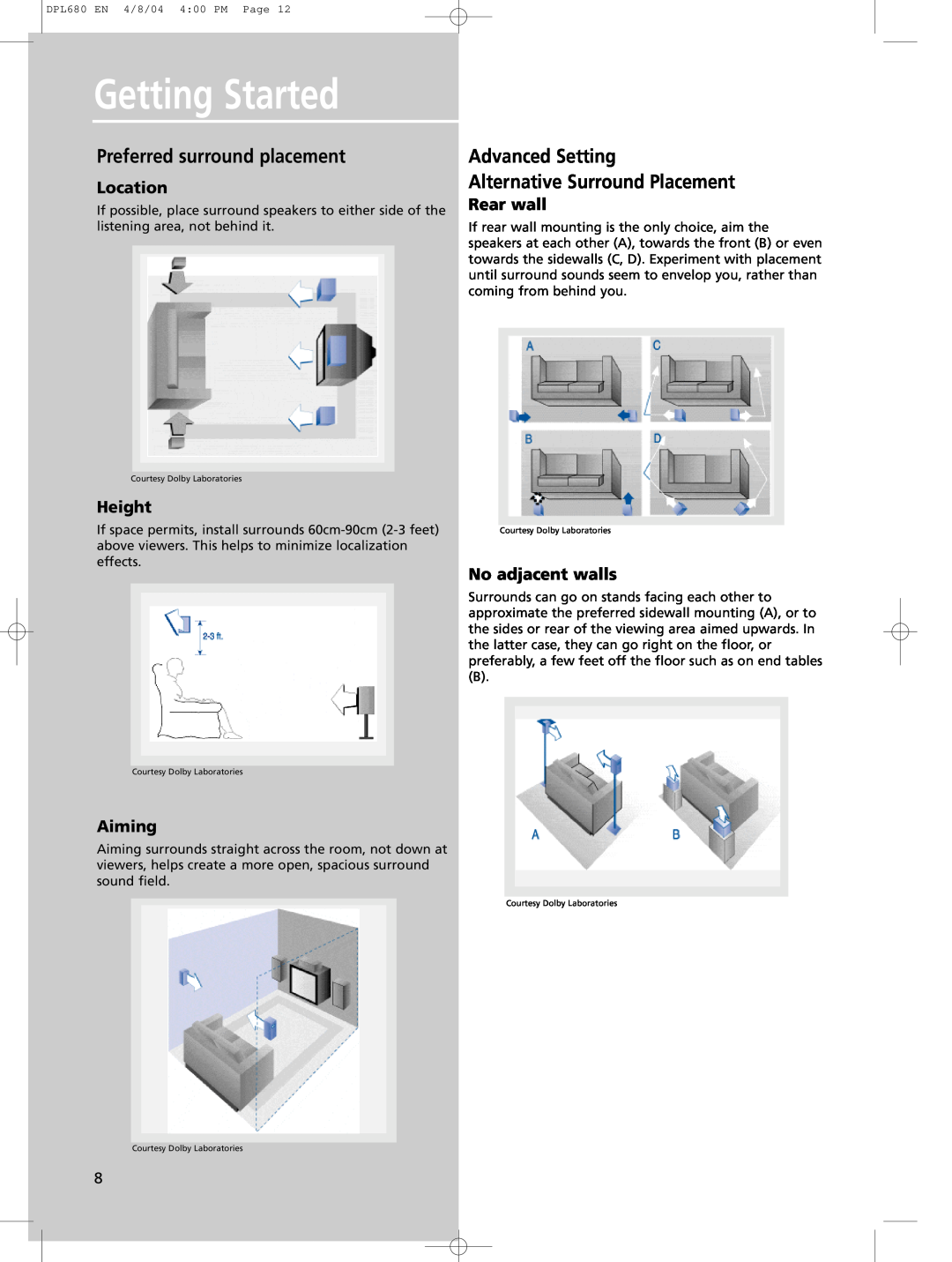 Technicolor - Thomson DPL680 manual Preferred surround placement, Advanced Setting Alternative Surround Placement, Location 
