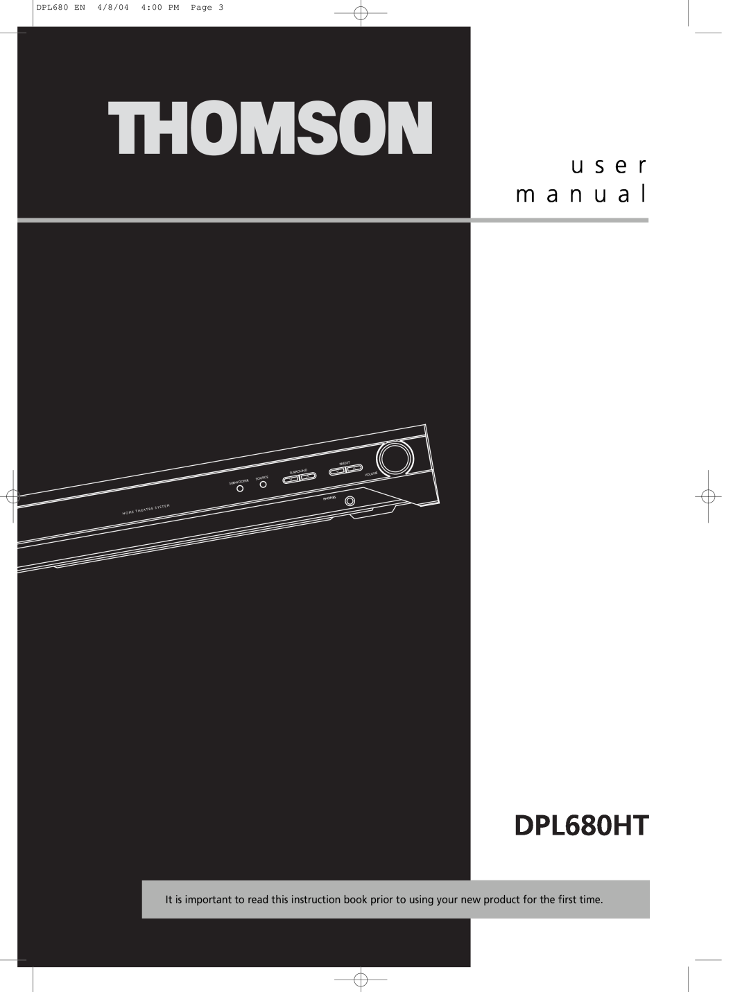Technicolor - Thomson DPL680HT, u s e r m a n u a l, DPL680 EN 4/8/04 4 00 PM Page, Preset, Surround, Source, Subwoofer 
