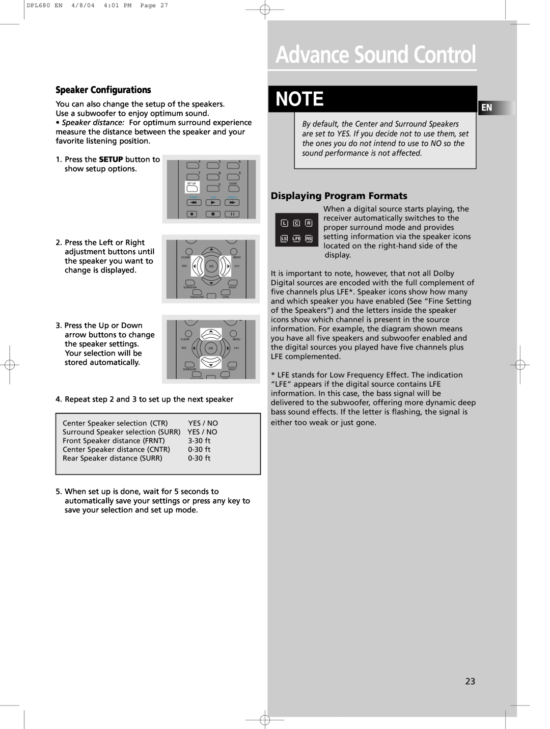 Technicolor - Thomson DPL680 manual Noteen, Speaker Configurations, Displaying Program Formats, Advance Sound Control 