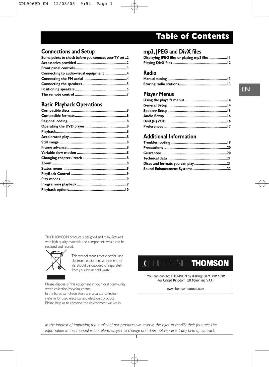 Technicolor - Thomson DPL906VD_EN manual Table of Contents, Helpline, mp3, JPEG and DivX files 