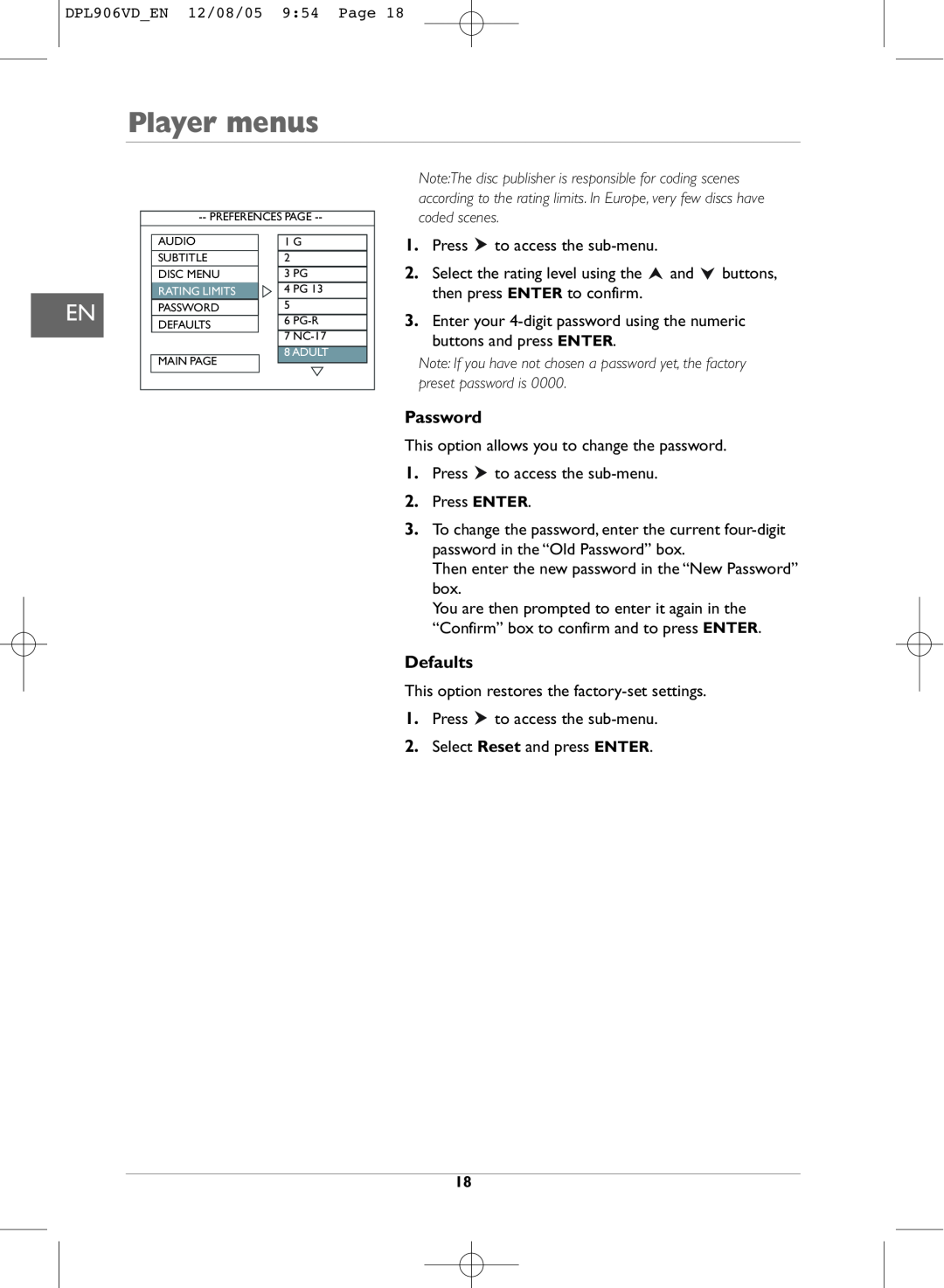 Technicolor - Thomson DPL906VD_EN manual Player menus, Password, Defaults, Rating Limits 