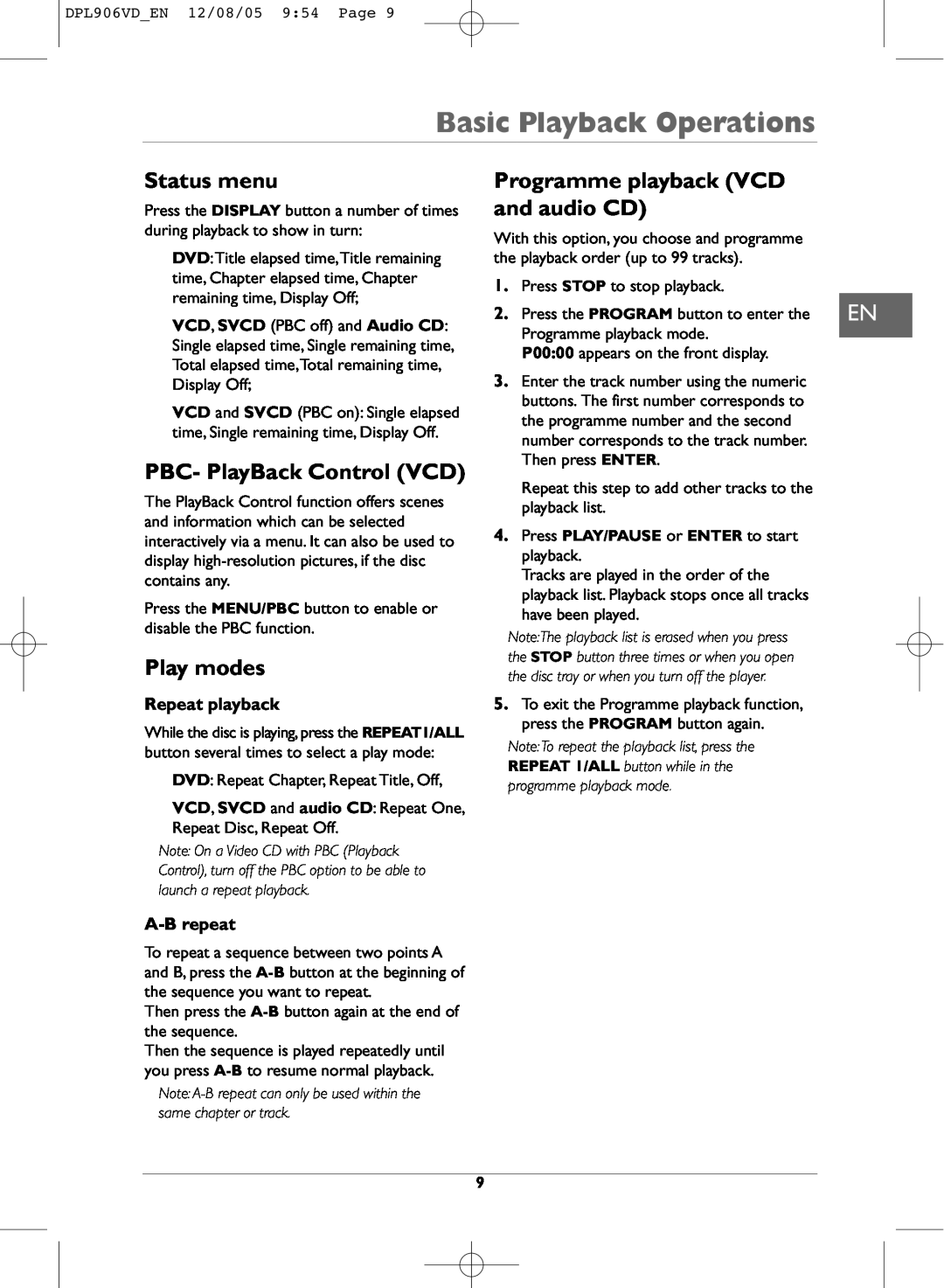 Technicolor - Thomson DPL906VD_EN manual Basic Playback Operations, Status menu, PBC- PlayBack Control VCD, Play modes 