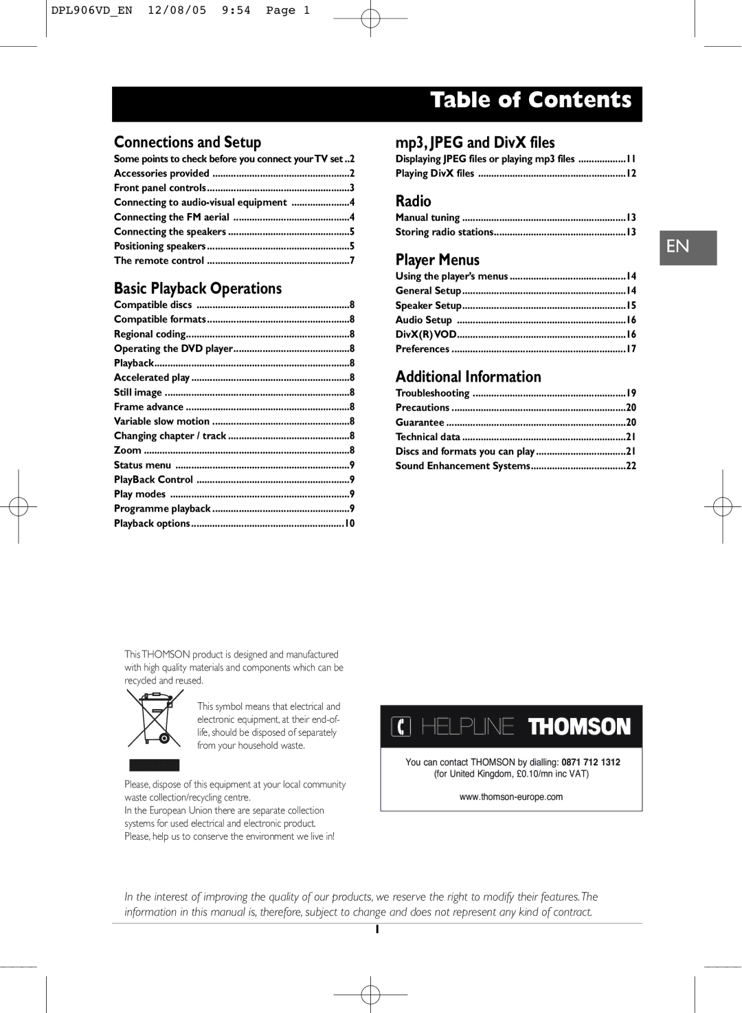 Technicolor - Thomson DPL906VD_EN manual Table of Contents 