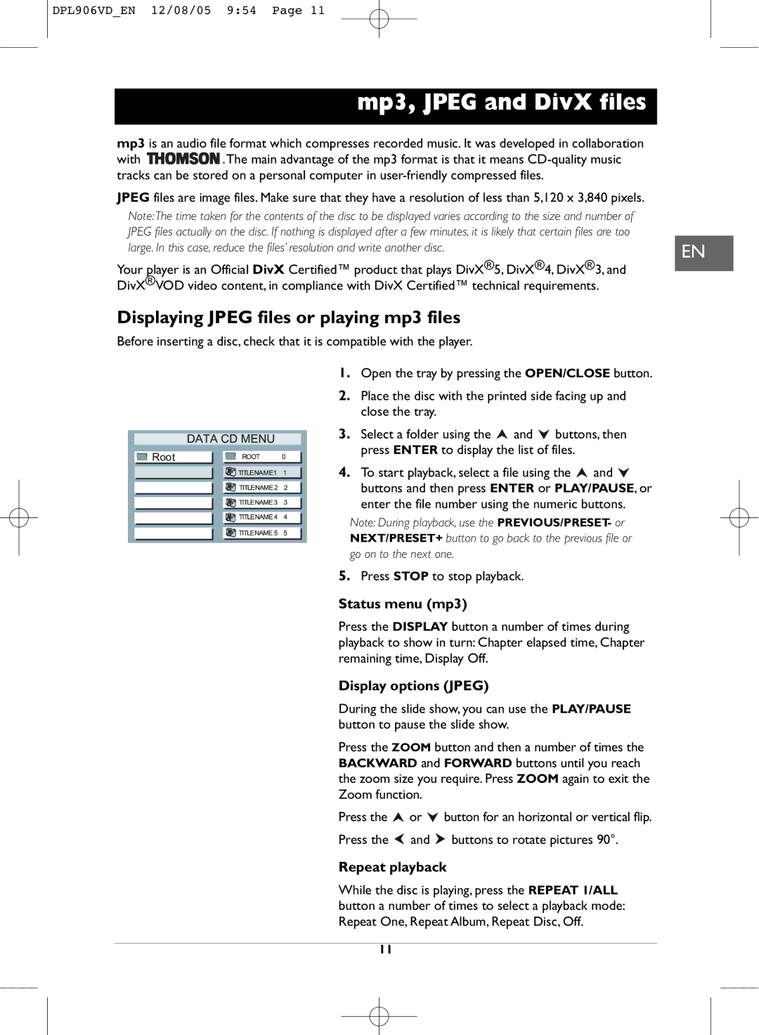 Technicolor - Thomson DPL906VD_EN Mp3, Jpeg and DivX files, Displaying Jpeg files or playing mp3 files, Status menu mp3 