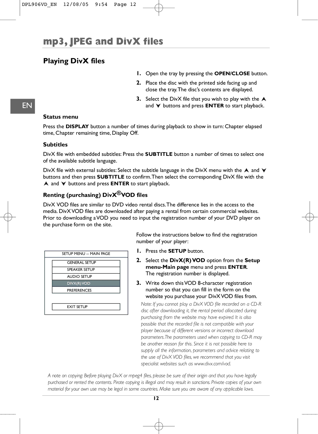 Technicolor - Thomson DPL906VD_EN manual Mp3, Jpeg and DivX files, Playing DivX files, Status menu, Subtitles 