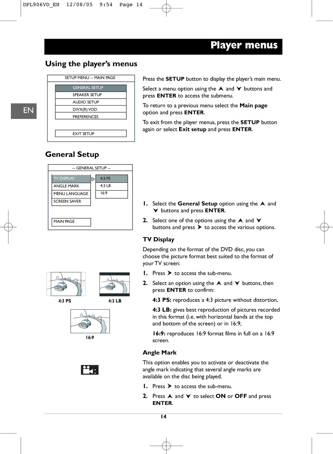 Technicolor - Thomson DPL906VD_EN manual Player menus, Using the player’s menus, General Setup, TV Display, Angle Mark 