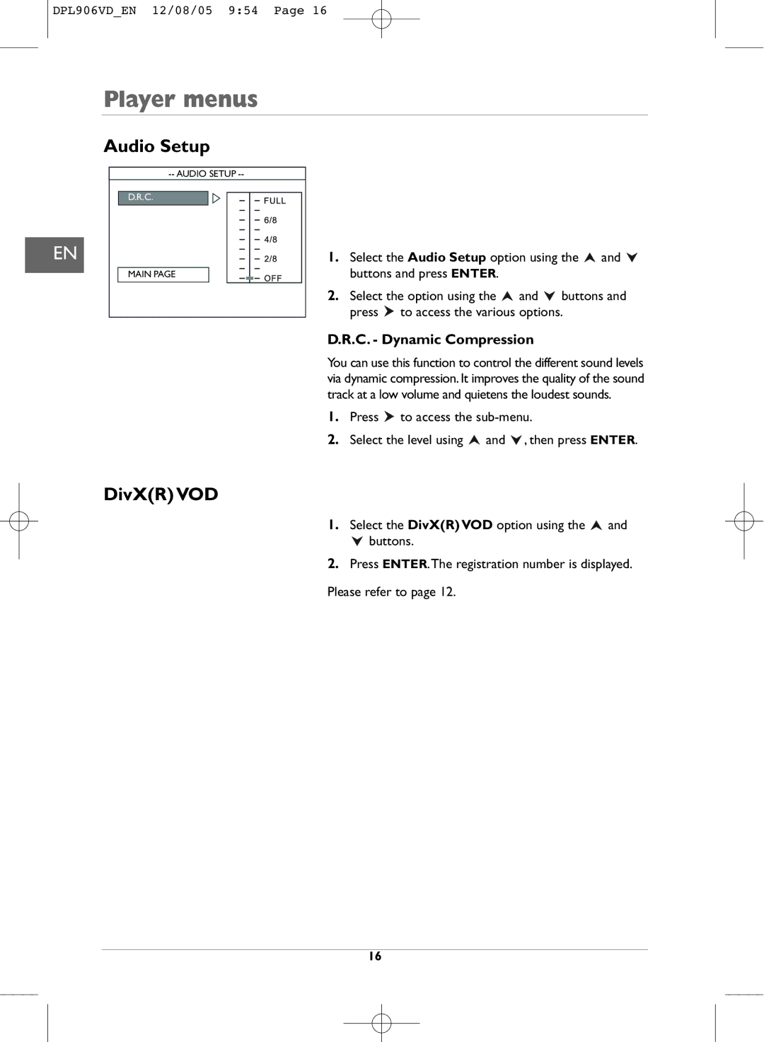 Technicolor - Thomson DPL906VD_EN manual Audio Setup, DivXR VOD, C. Dynamic Compression 