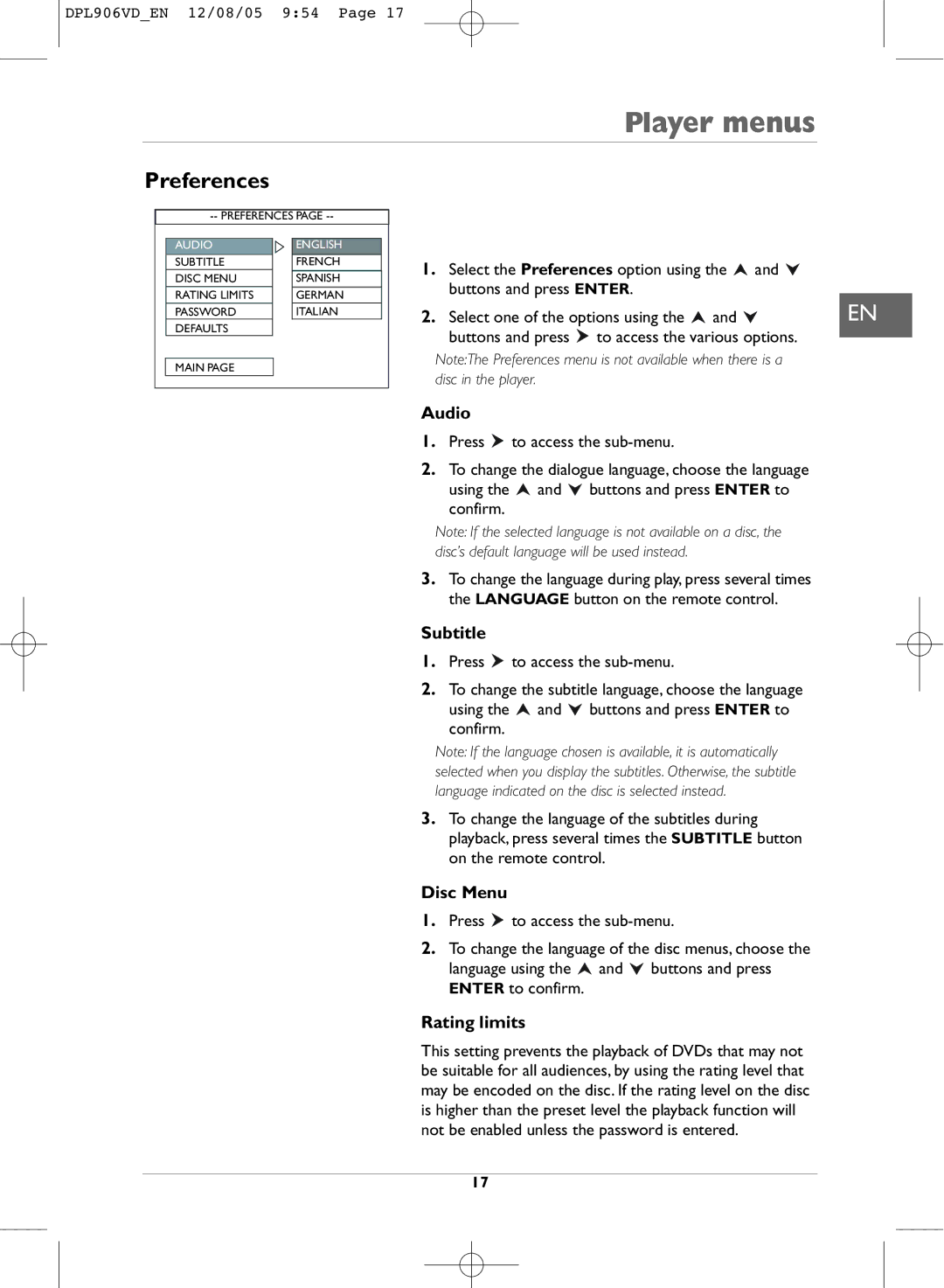 Technicolor - Thomson DPL906VD_EN manual Preferences, Audio, Subtitle, Disc Menu, Rating limits 