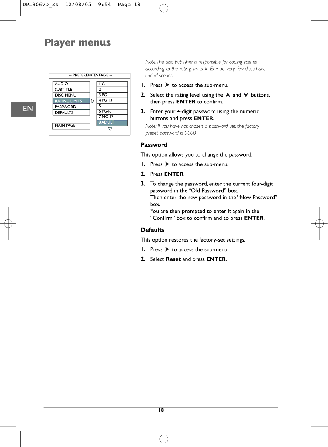 Technicolor - Thomson DPL906VD_EN manual Password, Defaults 