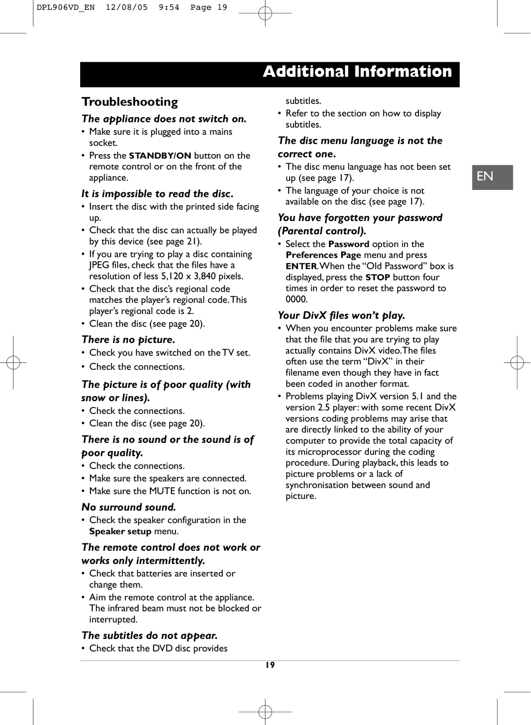 Technicolor - Thomson DPL906VD_EN manual Additional Information, Troubleshooting 