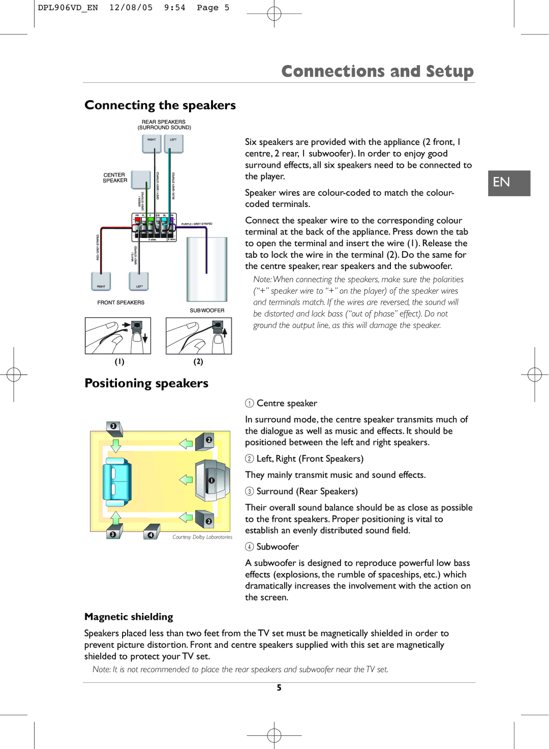 Technicolor - Thomson DPL906VD_EN manual Connecting the speakers, Positioning speakers, Magnetic shielding 