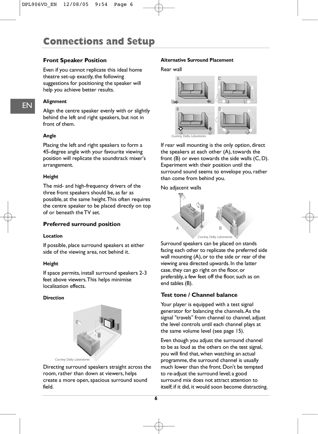 Technicolor - Thomson DPL906VD_EN manual Front Speaker Position, Preferred surround position, Test tone / Channel balance 