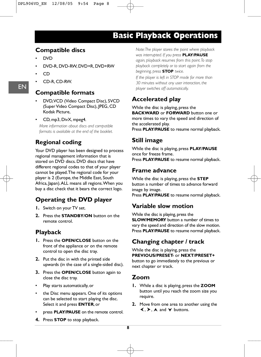 Technicolor - Thomson DPL906VD_EN manual Basic Playback Operations 