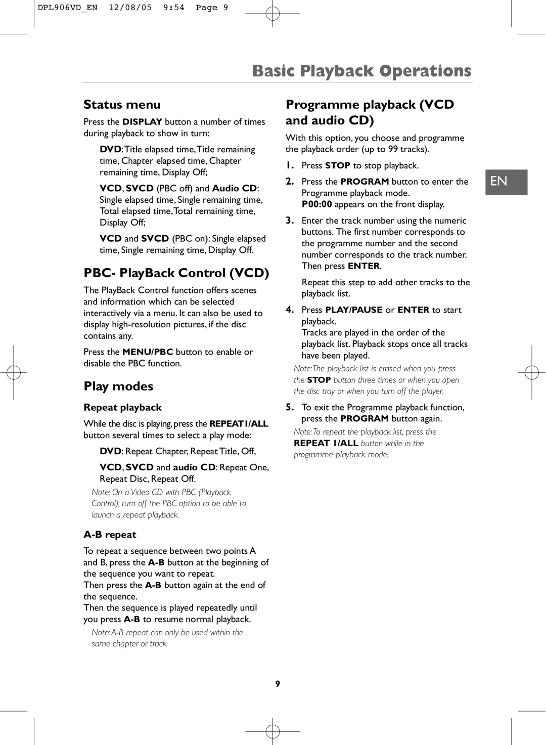 Technicolor - Thomson DPL906VD_EN manual Basic Playback Operations, Status menu, PBC- PlayBack Control VCD, Play modes 