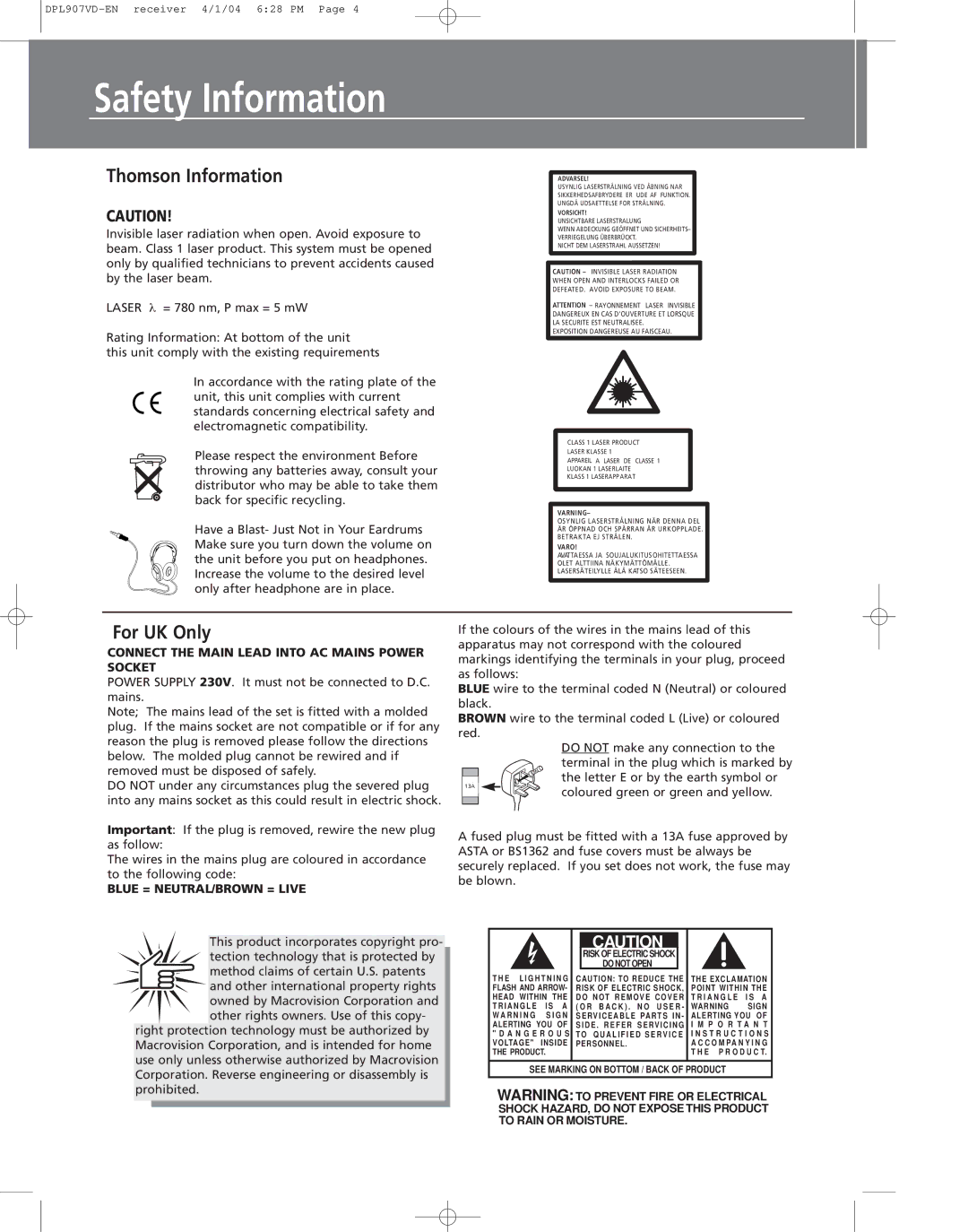 Technicolor - Thomson DPL907VD manual Safety Information, Thomson Information, For UK Only 