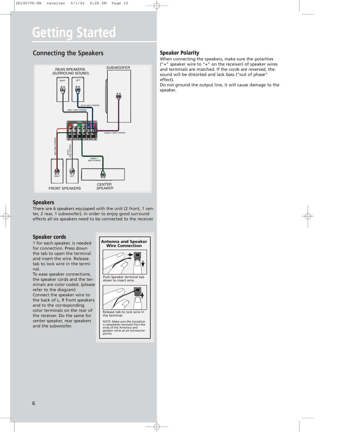 Technicolor - Thomson DPL907VD manual Connecting the Speakers, Speaker Polarity, Speaker cords 