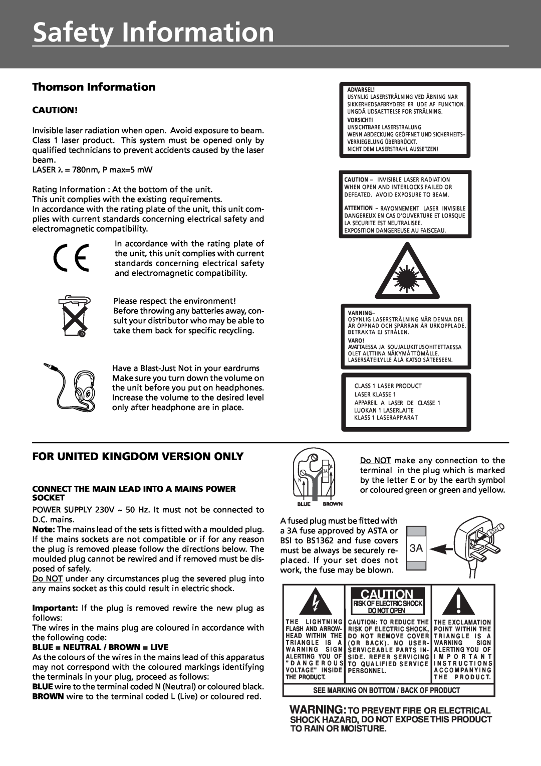 Technicolor - Thomson DPL909VD manual Safety Information, Thomson Information, For United Kingdom Version Only 