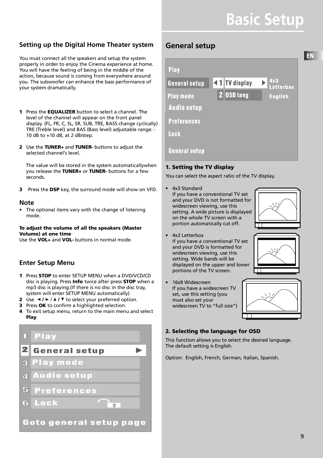 Technicolor - Thomson DPL909VD Basic Setup, General setup, Setting up the Digital Home Theater system, Enter Setup Menu 