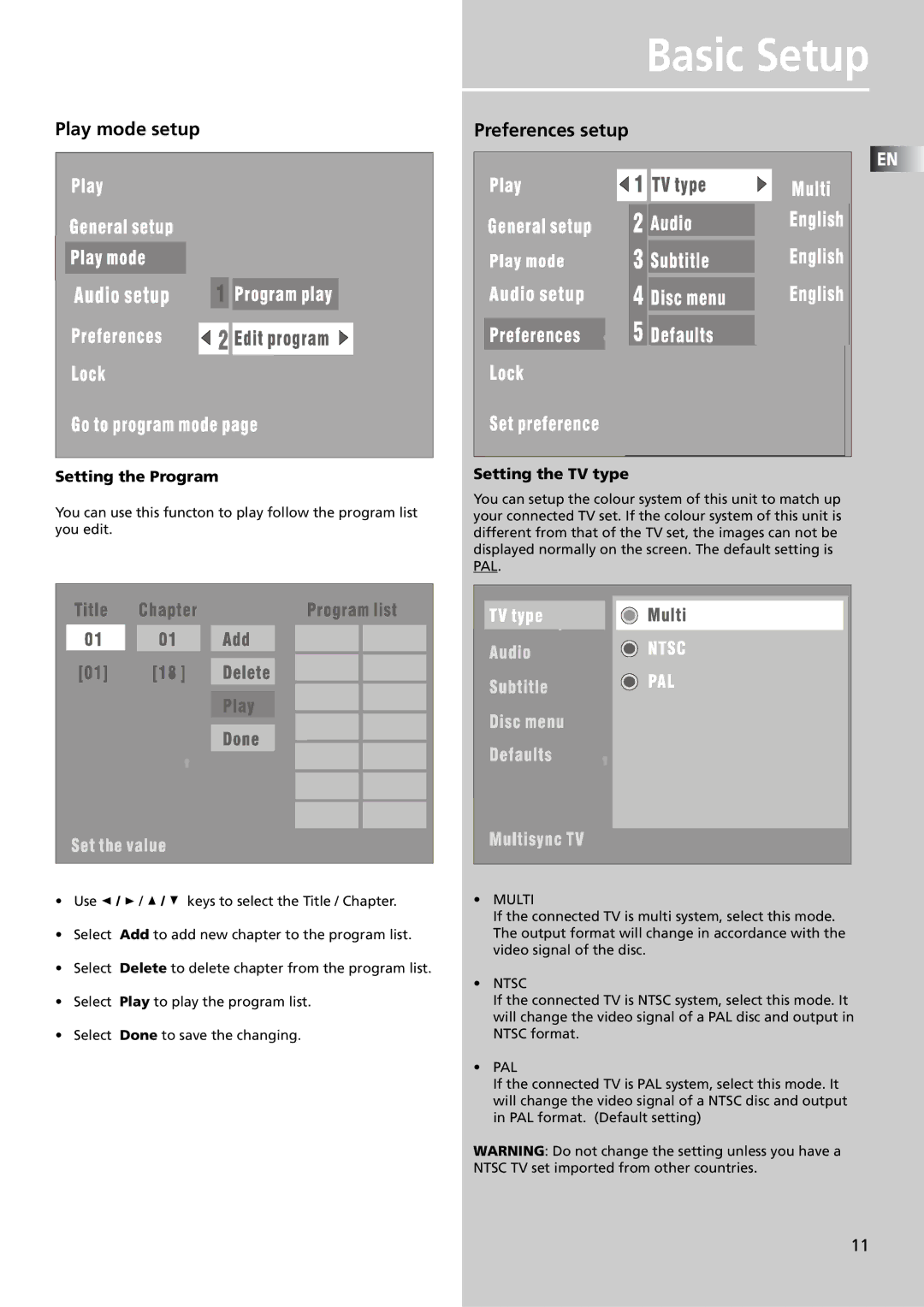 Technicolor - Thomson DPL909VD manual Play mode setup, Preferences setup, Setting the Program, Setting the TV type 