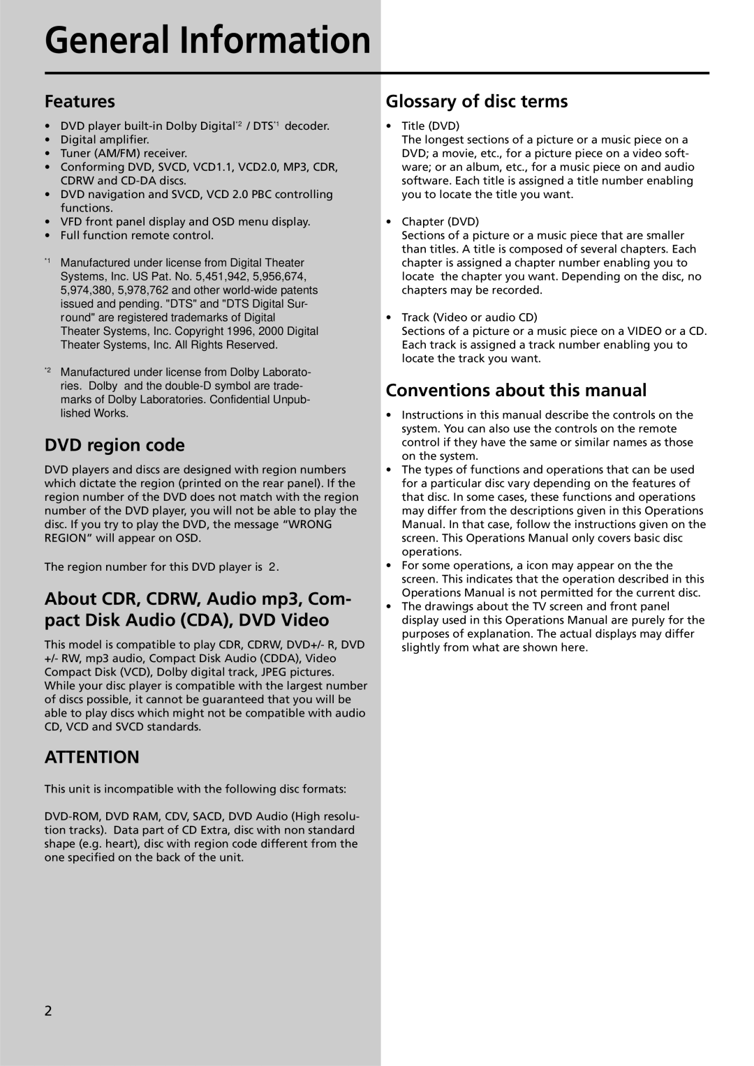 Technicolor - Thomson DPL911VD manual General Information, Features, DVD region code, Glossary of disc terms 